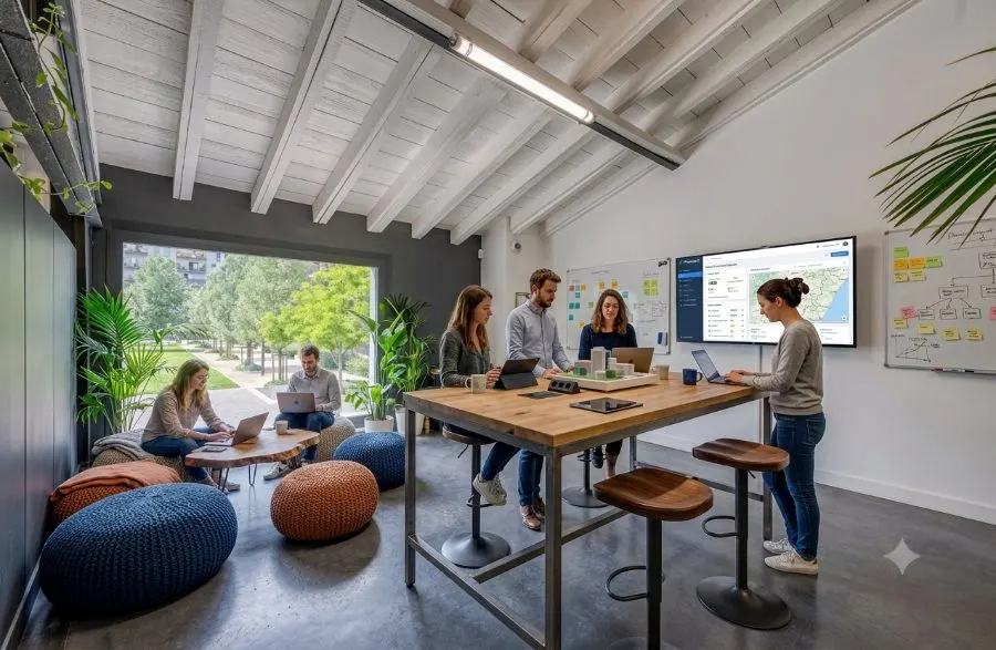 Espace projet du QG Tiltio, écrans et tableaux de travail