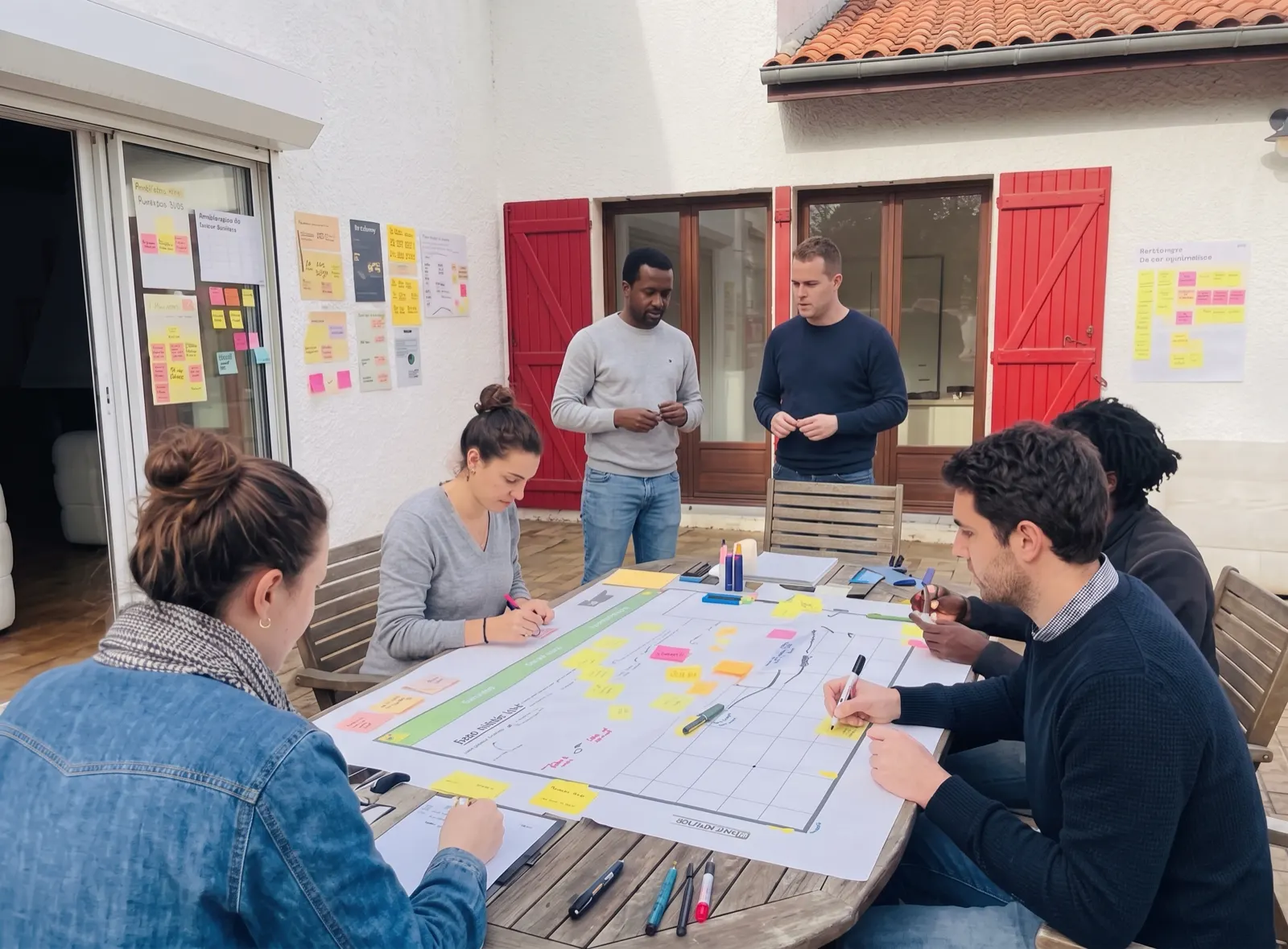 Atelier autour de la table en extérieur, parcours utilisateur étalé au centre