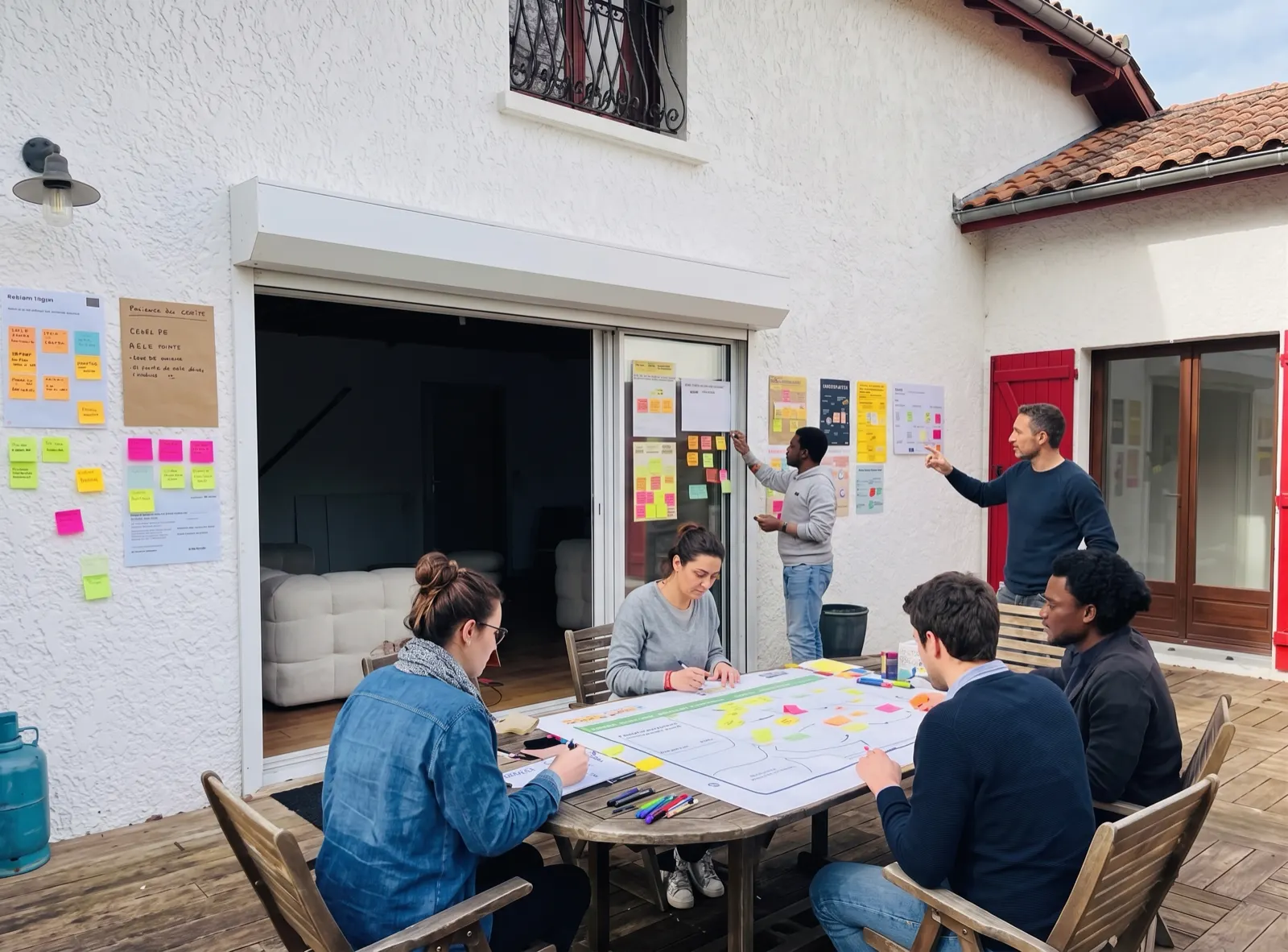 Une équipe en atelier de conception sur la terrasse, post-its aux murs
